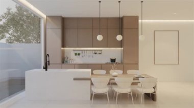 Animasyon, en az beyaz mutfak ve yemek masası. 3B illüstrasyon oluşturma