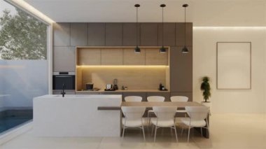 Animasyon, en az beyaz mutfak ve yemek masası. 3B illüstrasyon oluşturma