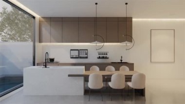 Animasyon, en az beyaz mutfak ve yemek masası. 3B illüstrasyon oluşturma