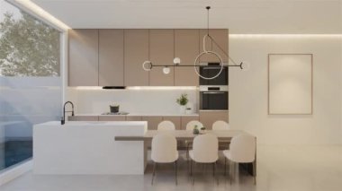 Animasyon, en az beyaz mutfak ve yemek masası. 3B illüstrasyon oluşturma