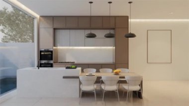 Animasyon, en az beyaz mutfak ve yemek masası. 3B illüstrasyon oluşturma