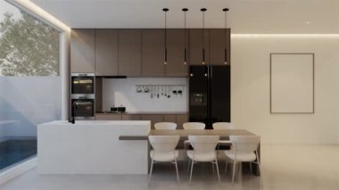 Animasyon, en az beyaz mutfak ve yemek masası. 3B illüstrasyon oluşturma