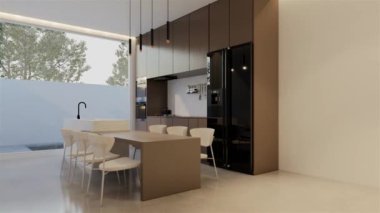 Animasyon, en az beyaz mutfak ve yemek masası. 3B illüstrasyon oluşturma