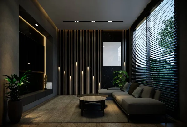 Minimal Living Room Black Tones Illustration Rendering — Stock Photo, Image