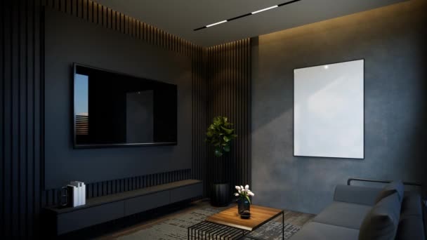 最小的客厅动画与黑色色调 3D插图渲染 — 图库视频影像