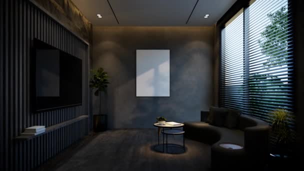 最小的客厅动画与黑色色调 3D插图渲染 — 图库视频影像