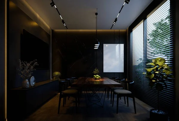 Minimal Ruang Makan Interior Dengan Nada Hitam Render Ilustrasi — Stok Foto