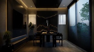 Siyah tonlu animasyonlarla donatılmış en az yemek odası. 3B illüstrasyon oluşturma