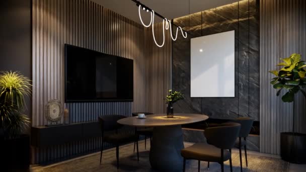 最小的餐厅内部用黑色的动画 3D插图渲染 — 图库视频影像