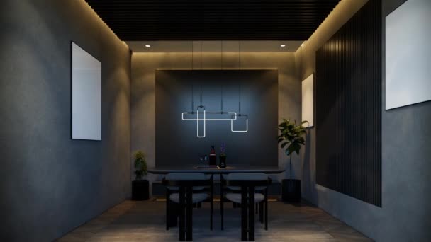 最小的餐厅内部用黑色的动画 3D插图渲染 — 图库视频影像