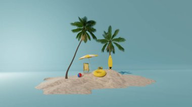 Seyahat ve tatil geçmişi. Güzel mavi okyanus ve ada arkaplanına sahip 3D çizimler. Yazın arka plan tasarımı ve metin için boş alan..