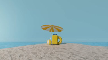 Seyahat ve tatil geçmişi. Güzel mavi okyanus ve ada arkaplanına sahip 3D çizimler. Yazın arka plan tasarımı ve metin için boş alan..