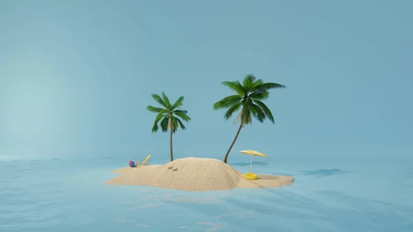 Seyahat ve tatil geçmişi. Güzel mavi okyanus ve ada arkaplanına sahip 3D çizimler. Yazın arka plan tasarımı ve metin için boş alan..