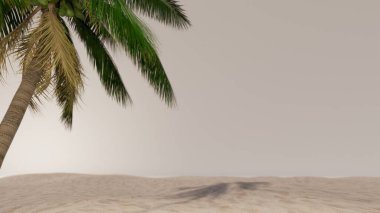 Seyahat ve tatil geçmişi. Güzel mavi okyanus ve ada arkaplanına sahip 3D çizimler. Yazın arka plan tasarımı ve metin için boş alan..