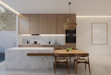 Minimum ahşap mutfak ve yemek masası. 3B illüstrasyon oluşturma