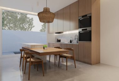 Minimum ahşap mutfak ve yemek masası. 3B illüstrasyon oluşturma