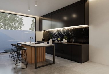 Minimum ahşap mutfak ve yemek masası. 3B illüstrasyon oluşturma