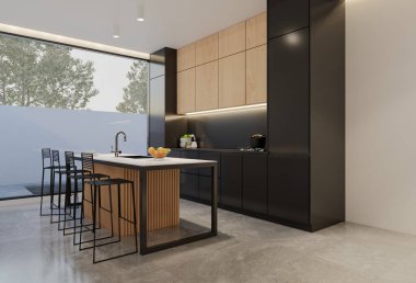 Minimum ahşap mutfak ve yemek masası. 3B illüstrasyon oluşturma