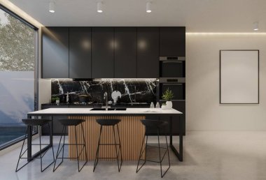 Minimum ahşap mutfak ve yemek masası. 3B illüstrasyon oluşturma