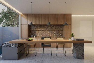 Minimum ahşap mutfak ve yemek masası. 3B illüstrasyon oluşturma