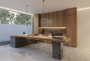 Minimum ahşap mutfak ve yemek masası. 3B illüstrasyon oluşturma