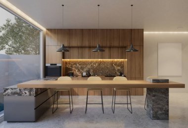 Minimum ahşap mutfak ve yemek masası. 3B illüstrasyon oluşturma