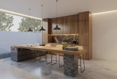 Minimum ahşap mutfak ve yemek masası. 3B illüstrasyon oluşturma