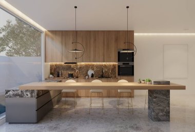 Minimum ahşap mutfak ve yemek masası. 3B illüstrasyon oluşturma