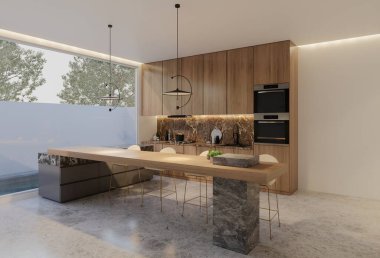 Minimum ahşap mutfak ve yemek masası. 3B illüstrasyon oluşturma