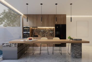 Minimum ahşap mutfak ve yemek masası. 3B illüstrasyon oluşturma