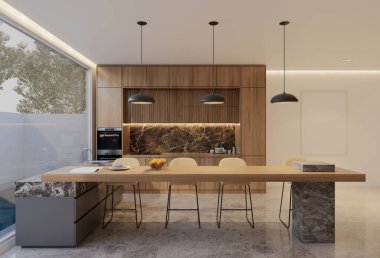 Minimum ahşap mutfak ve yemek masası. 3B illüstrasyon oluşturma