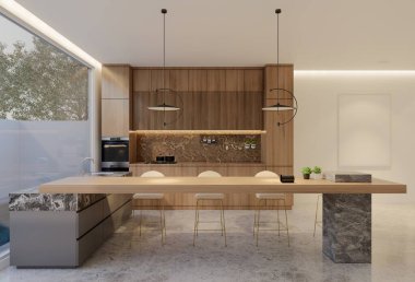 Minimum ahşap mutfak ve yemek masası. 3B illüstrasyon oluşturma