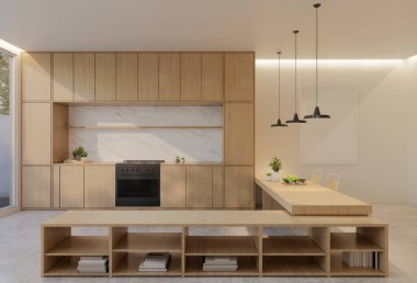 Minimum ahşap mutfak ve yemek masası. 3B illüstrasyon oluşturma