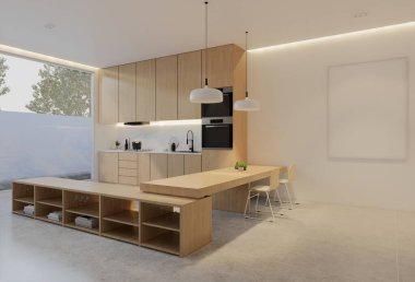 Minimum ahşap mutfak ve yemek masası. 3B illüstrasyon oluşturma