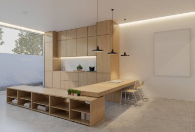 Minimum ahşap mutfak ve yemek masası. 3B illüstrasyon oluşturma