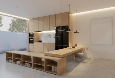 Minimum ahşap mutfak ve yemek masası. 3B illüstrasyon oluşturma