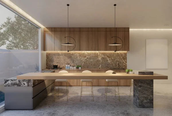 Minimum ahşap mutfak ve yemek masası. 3B illüstrasyon oluşturma