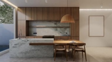 Animasyon ahşap mutfak ve yemek masası. 3B illüstrasyon oluşturma