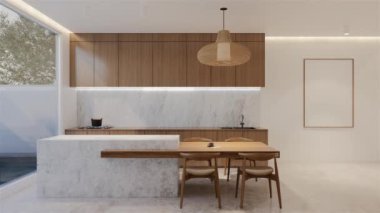 Animasyon ahşap mutfak ve yemek masası. 3B illüstrasyon oluşturma