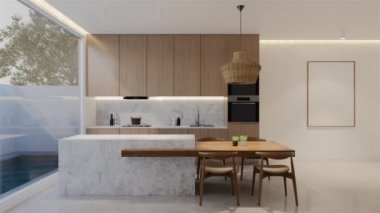 Animasyon ahşap mutfak ve yemek masası. 3B illüstrasyon oluşturma