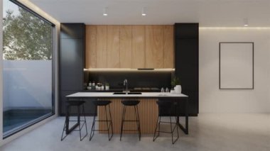 Animasyon ahşap mutfak ve yemek masası. 3B illüstrasyon oluşturma