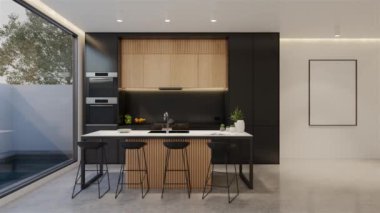 Animasyon ahşap mutfak ve yemek masası. 3B illüstrasyon oluşturma