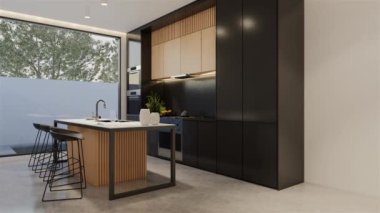 Animasyon ahşap mutfak ve yemek masası. 3B illüstrasyon oluşturma