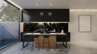 Animasyon ahşap mutfak ve yemek masası. 3B illüstrasyon oluşturma