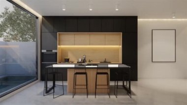 Animasyon ahşap mutfak ve yemek masası. 3B illüstrasyon oluşturma