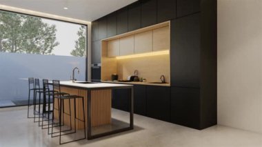 Animasyon ahşap mutfak ve yemek masası. 3B illüstrasyon oluşturma