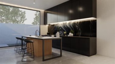 Animasyon ahşap mutfak ve yemek masası. 3B illüstrasyon oluşturma