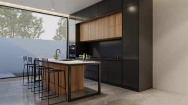 Animasyon ahşap mutfak ve yemek masası. 3B illüstrasyon oluşturma