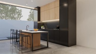 Animasyon ahşap mutfak ve yemek masası. 3B illüstrasyon oluşturma