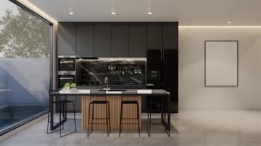 Animasyon ahşap mutfak ve yemek masası. 3B illüstrasyon oluşturma